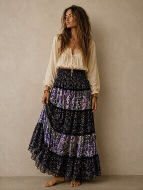 Vintage Beechers Brook Tiered Boho Maxi Skirt Size L Purple Floral Peasant Skirt